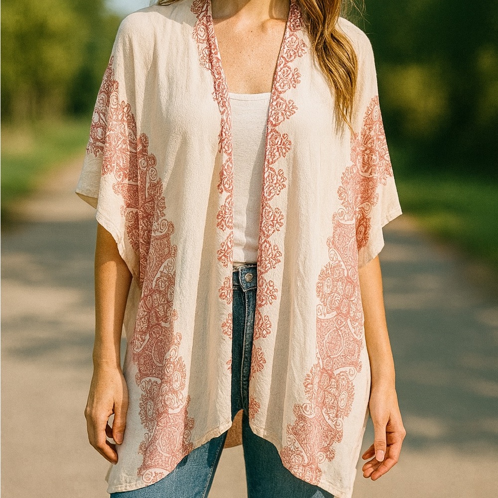 Altar’d State Cream Boho Mandela Kimono Viscose Coverup Cardigan Size S/M